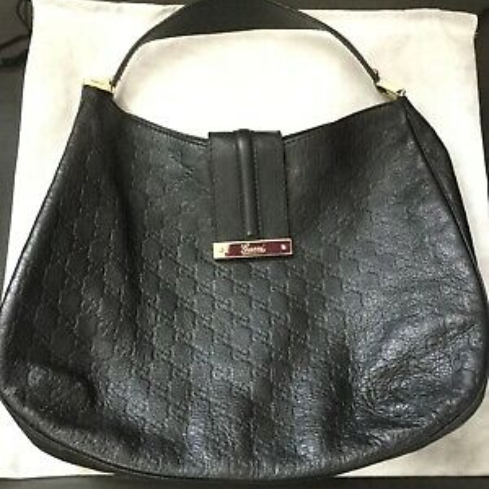 Black Logo Leather Gucci Hobo Large- Authentic